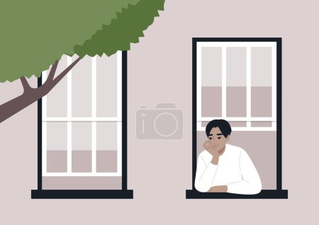 Illustration for Serene Contemplation, Neighbor at the Windowsill, A person rests their chin on their hand, gazing outward from a window, as dusk settles in the city - Royalty Free Image