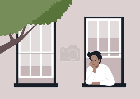 Serene Contemplation, Neighbor at the Windowsill, A person rests their chin on their hand, gazing outward from a window, as dusk settles in the city