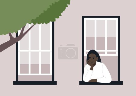 Contemplación Serena, Vecino en el alféizar de la ventana, Una persona apoya su barbilla en su mano, mirando hacia afuera desde una ventana, mientras el atardecer se asienta en la ciudad