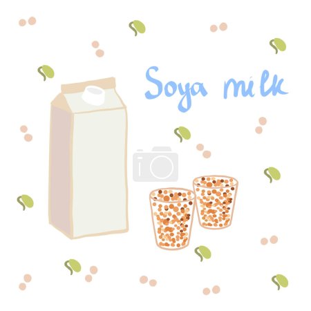 Téléchargez les illustrations : Vector Soya Product and Foodstuff. Illustration plate de dessin animé au lait de soja isolée avec du texte dessiné à la main. lait de soja en verre et soja. aliments sains. - en licence libre de droit