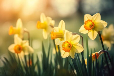 Photo for Daffodils in beautiful natural landscape with bokeh in Background. - Royalty Free Image