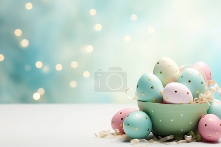Foto de Hermosa postal con decoración de Pascua y huevos coloridos pintados de Pascua en hermoso paisaje natural en primavera. Huevos de Pascua en el prado verde fresco. Foto de alta calidad - Imagen libre de derechos