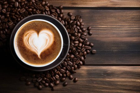 Cup of coffee latte with heart shape and coffee beans on old wooden background. High quality photo