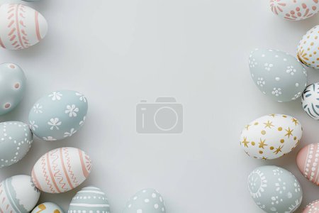Foto de Huevos de Pascua artísticamente dispuestos sobre un fondo pastel de doble tono - Imagen libre de derechos