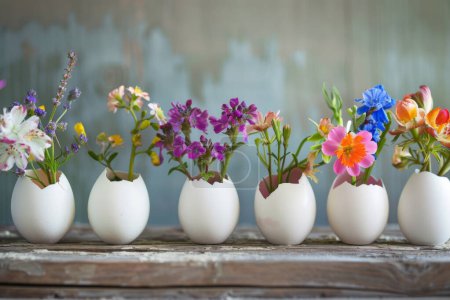 A whimsical display of spring flowers in eggshell vases on a wooden surface