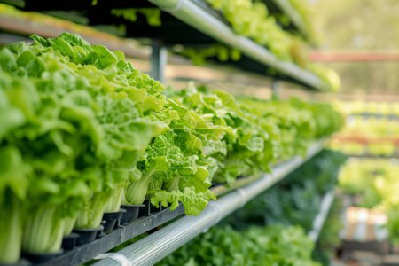 Rows of lush lettuce growing in a modern hydroponic farm setup