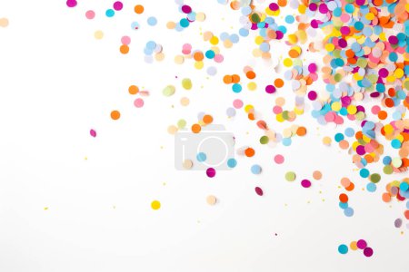 Coloridos confeti esparcidos por un fondo blanco prístino, capturando un momento de celebración y alegría