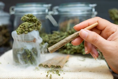 Photo for Woman hand holding Pre-Rolled cones for smoking cannabis with cannabis indica in a clear bottle - Royalty Free Image