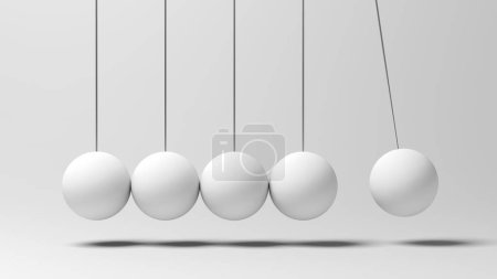 Newton's cradle. Kinetic energy. Conservation of momentum. Spheres. 3d illustration.