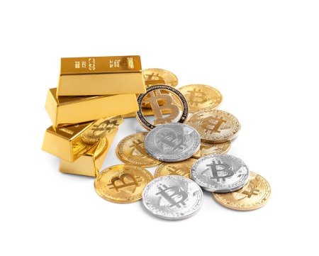 Heap of bitcoin coins and gold bars isolated on white background. Cryptocurrency close-up on isolation. Ingots of gold. Currency growth concept