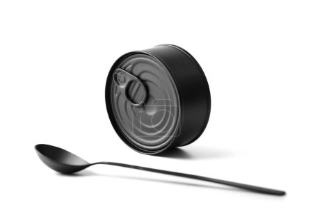 Photo for Black matte round closed tin can and black spoon on a white background isolated, tinned food, canned food, preserves. - Royalty Free Image