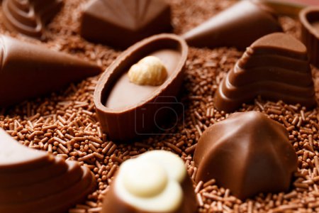 Foto de Dulces de chocolate negro bellamente formados sumergidos en chips de chocolate de cerca, concepto de fabricación de dulces de chocolate, fondo de chocolate. - Imagen libre de derechos