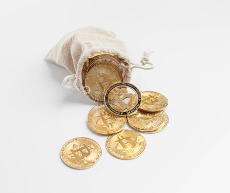 Foto de Bag with bitcoins isolated on a white background. Growing upward. Concept of cryptocurrency payment and digital money using. Crypto money coins, cryptocurrency, savings, online earnings concept - Imagen libre de derechos