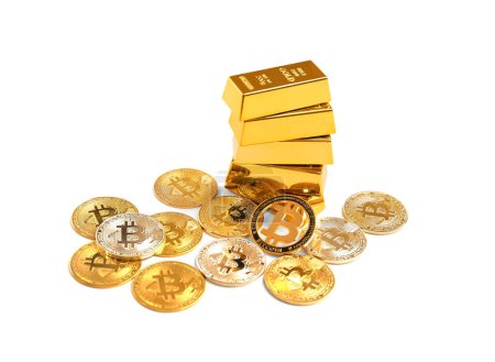 Photo for Heap of bitcoin coins and gold bars isolated on white background. Cryptocurrency close-up on isolation. Ingots of gold. Currency growth concept - Royalty Free Image