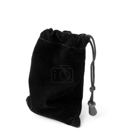 Photo for Black soft fabric pouch with drawstring isolated on white background. Velvet black bag. - Royalty Free Image