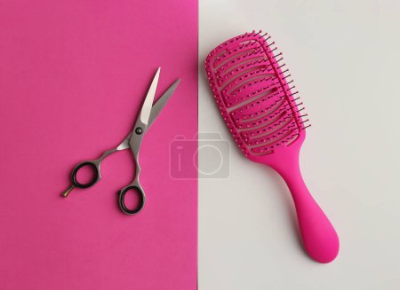 Photo for Flat lay composition with light blond hair, comb, scissors and space for text on background. Hairdresser service - Royalty Free Image