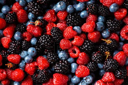 Photo for Seamless pattern raspberry blackberry and blueberry. Tropical abstract background. Flatley raspberries blackberries and blueberries. Abstract background of useful berries top view - Royalty Free Image