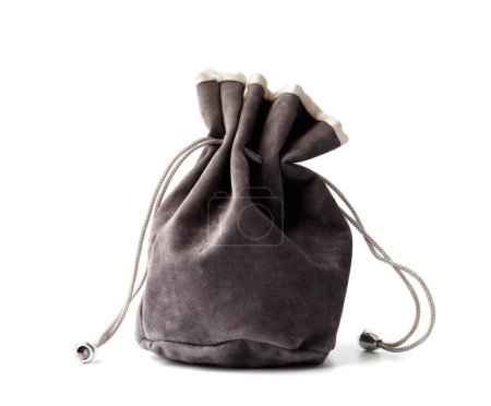 Photo for Gray suede bag with drawstring isolated on white background. - Royalty Free Image