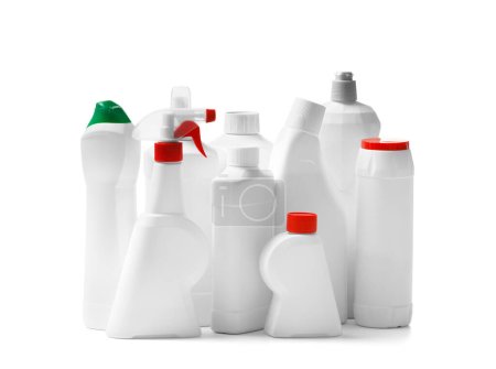 Photo for Set of white plastic bottles with household chemicals, detergents and cleaning products, isolated on a white background. Detergents in various packages. The concept of cleaning, clean home. - Royalty Free Image