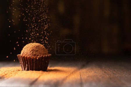 Photo for Cocoa powder is sprinkled on a chocolate truffle under a beautiful light. A ball of chocolate truffle is sprinkled with cocoa on a dark background close-up. Conceptual photo of a gourmet truffle. - Royalty Free Image