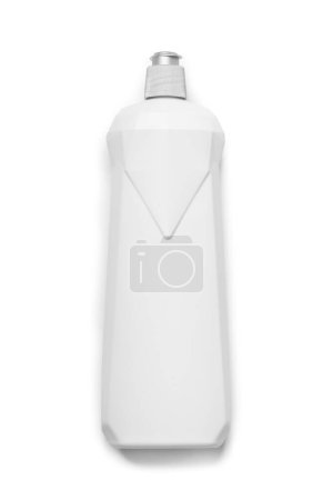 Foto de Botella de plástico para productos químicos para el hogar, detergentes, lavavajillas enjuague, aislado sobre fondo blanco, vista superior. - Imagen libre de derechos