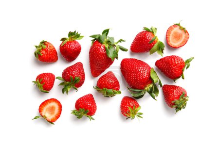 Photo for Strawberries whole and cut top view. Fresh big red strawberry isolated on white background. - Royalty Free Image