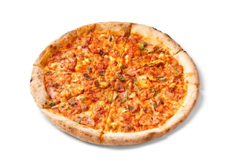 Téléchargez les photos : Grande pizza avec plusieurs types de viande et de jambon, isolée sur fond blanc. - en image libre de droit