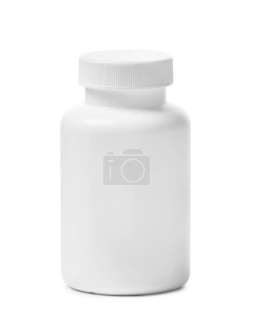 Foto de Botella de plástico blanco para vitaminas, medicamentos, complementos alimenticios sobre un fondo blanco. Contenedor médico para pastillas. - Imagen libre de derechos