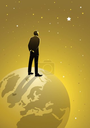 Illustration for A man stands on globe looking at the vast universe - Royalty Free Image