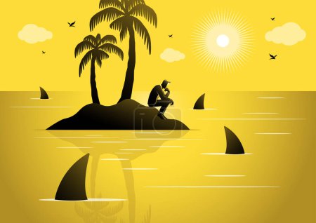 Téléchargez les illustrations : Un homme d'affaires se fait jeter sur une île avec une mer pleine de requins - en licence libre de droit
