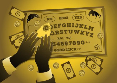 Illustration for Businessman playing a Ouija game to see an upcoming market - Royalty Free Image