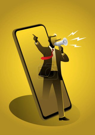 Illustration for Man with long nose comes out from cellphone - Royalty Free Image