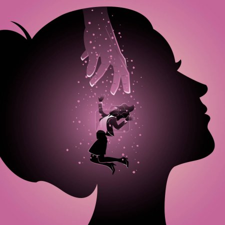 Ilustración de Ahorro de mano ahogamiento mujer dentro de la silueta de la cabeza - Imagen libre de derechos