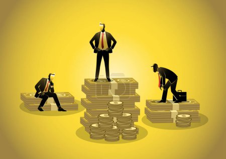 Illustration for Businessman standing on higher stack of money than other businessmen - Royalty Free Image