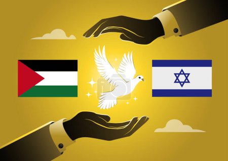 Two hands hold a dove with Israel and palestine flags