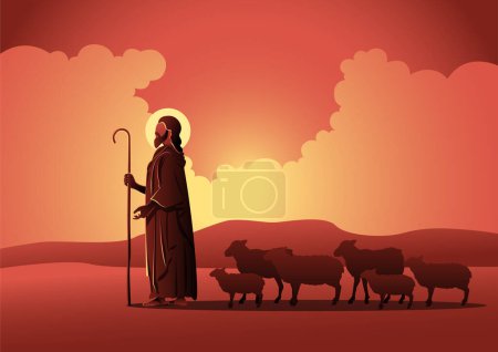 Téléchargez les illustrations : Pasteur Jésus-Christ conduisant l'illustration vectorielle de moutons - en licence libre de droit