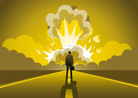 Téléchargez les illustrations : Un homme d'affaires debout sur la route regardant une bombe nucléaire exploser - en licence libre de droit