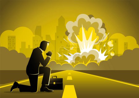 Téléchargez les illustrations : Homme d'affaires priant sur la route en regardant exploser une bombe nucléaire - en licence libre de droit
