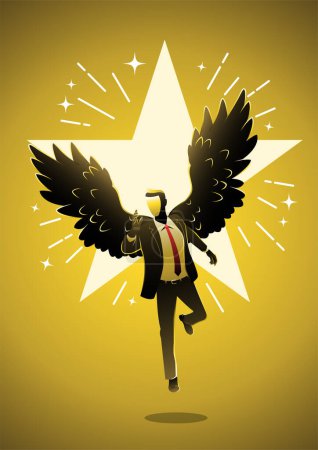 Ilustración de Hombre de negocios con alas volando con una estrella brillante en su fondo - Imagen libre de derechos