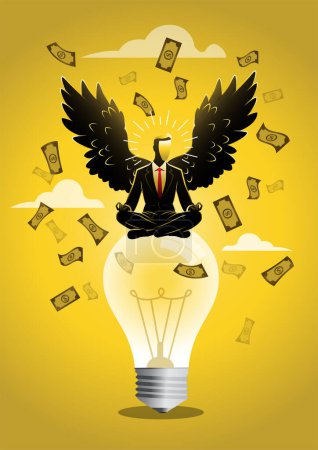 reicher Geschäftsmann mit Engelsflügeln auf Glühbirnen-Idee mit Geldschein