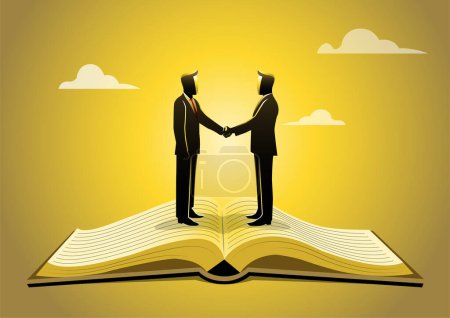 Téléchargez les illustrations : Un livre ouvert avec deux hommes d'affaires serrant la main au-dessus - en licence libre de droit