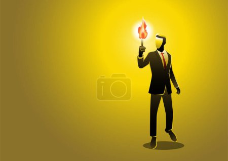 A businessman walking in the dark holding a torch