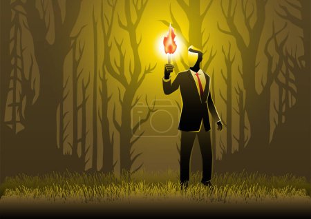 Un homme d'affaires marchant avec une torche dans les bois sombres