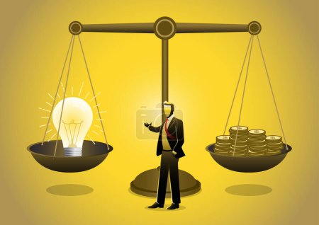 Money and light bulb on a scale vector illustration
