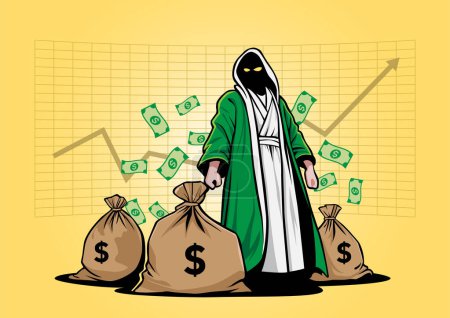 Ein Prophet in Roben mit Säcken voller Geld