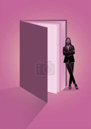 Selbstbewusste Geschäftsfrau stützt sich auf ein riesiges Buch
