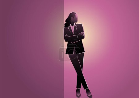 Geschäftsfrau lehnt mit verschränktem Arm an dunkler Wand