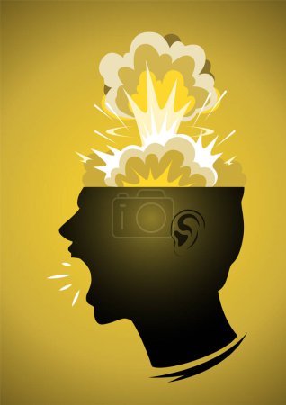 Menschenkopfsilhouette mit geöffnetem Gehirnkasten und nuklearer Explosionssilhouette