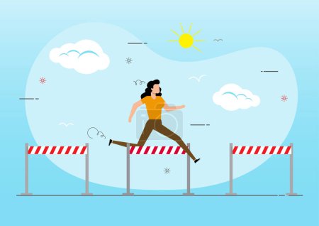 Geschäftsleute springen über Hürden. Hindernisse überwinden. 