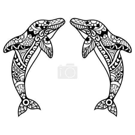 Téléchargez les photos : Illustration d'un dessin de deux dauphins en forme de cercle. - en image libre de droit